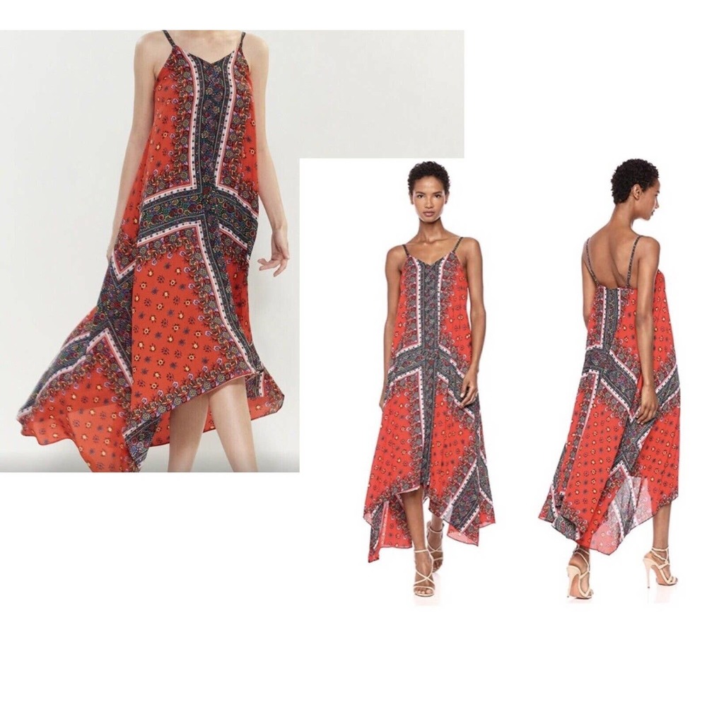 NANETTE LEPORE Calypso Red Multi Print Handkerchief Hem Dress size 10